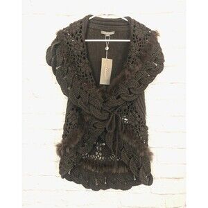 Wool Blend Brown Crochet Fur Trim Vest Open Knit Shawl Size S/M forest goblin